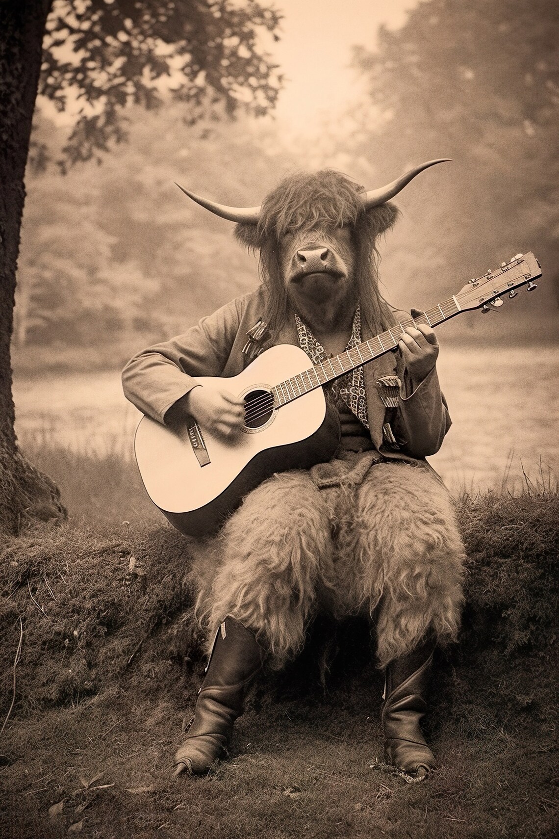 Highland Cow In Jacket Playing Acoustic Guitar Sepia Vintage Poster