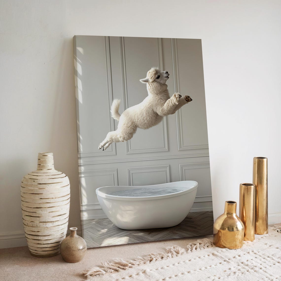 Alpaca Jumping Into Bathtub Funny Bathroom Photography Poster - Image 2