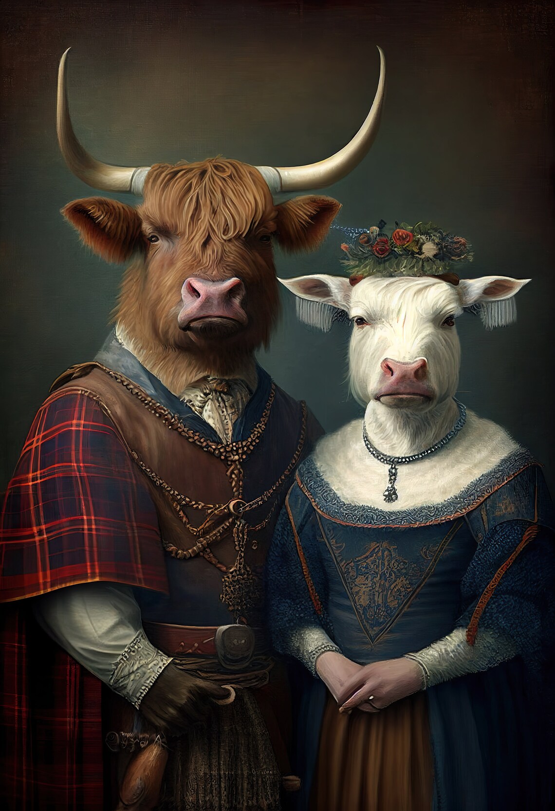 Aristocratic Highland Cow Couple Renaissance Art Print