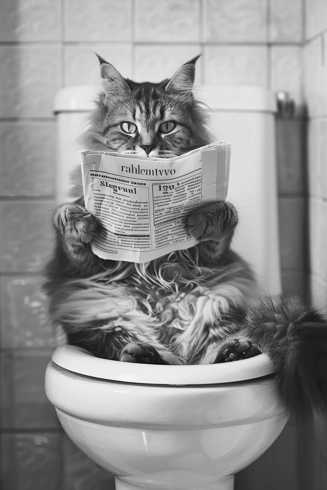 Long Haired Cat Reading Newspaper on Toilet Funny Black White Poster