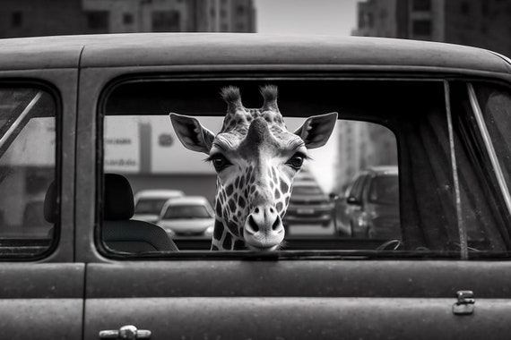 Giraffe Riding in a Car in New York City, Retro Print