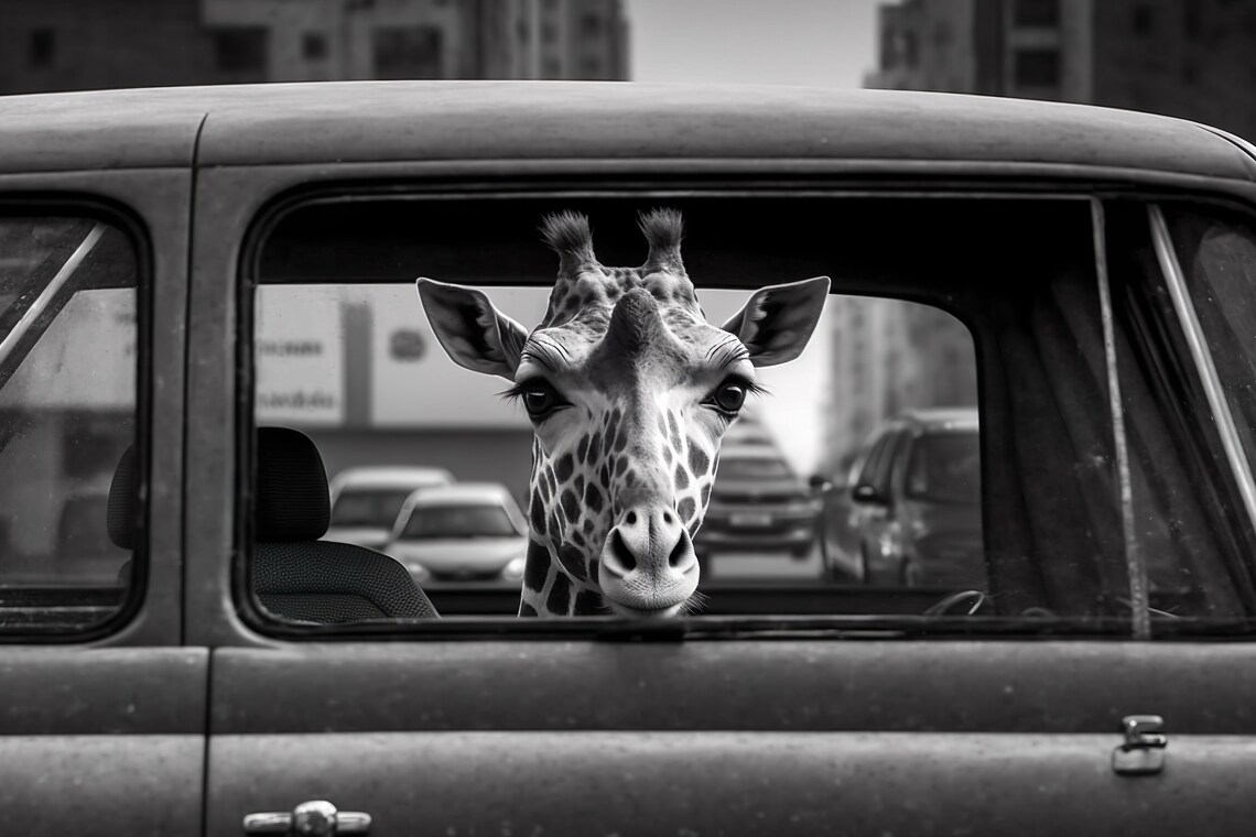 Giraffe Riding in a Car in New York City, Retro Print