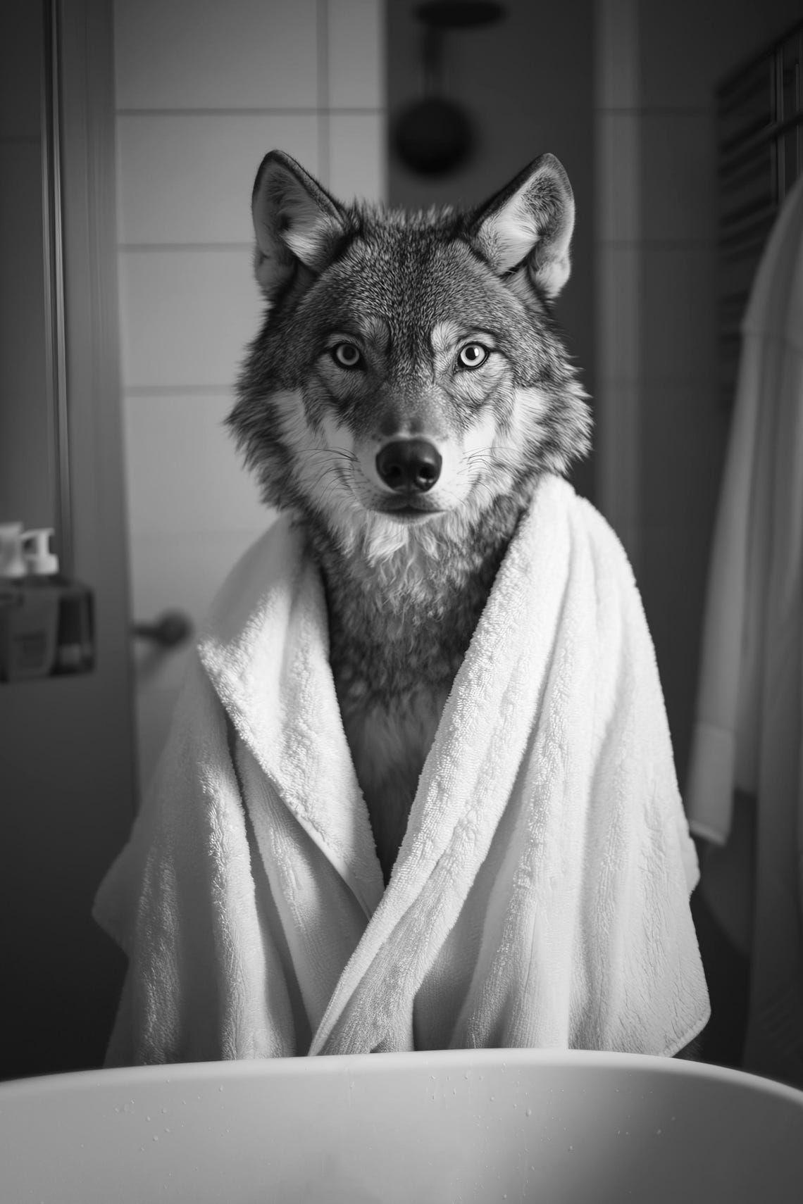 Gray Wolf Wrapped in Towel Black and White Funny Bathroom Wall Art - Image 2