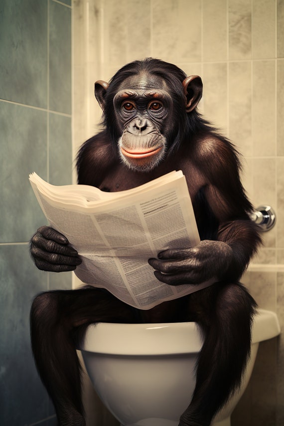 Bonobo Ape Sitting On The Toilet Reading A Newspaper Funny Bathroom Wall Art Funny Monkey Print Funny Animal Photo Ai Art