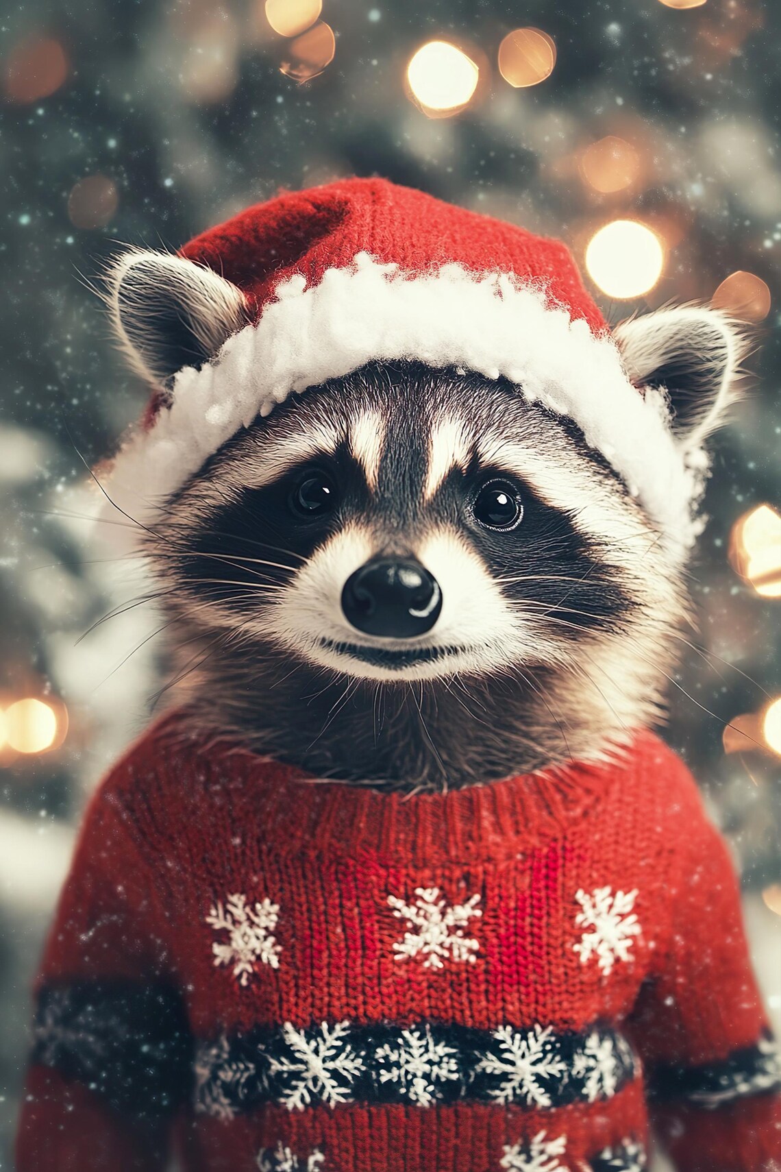Cute Christmas Raccoon Retro Winter Animal Art Print - Image 2