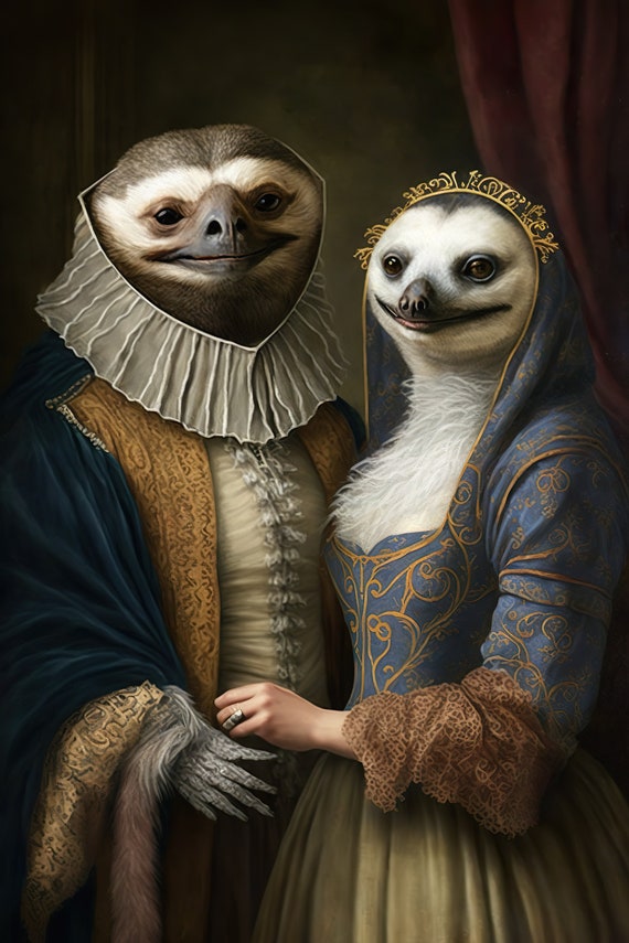 Aristocratic Sloth Couple Funny Animal Art Renaissance Painting Mr And Mrs Sloth His And Hers Bedroom Decor Ai Created