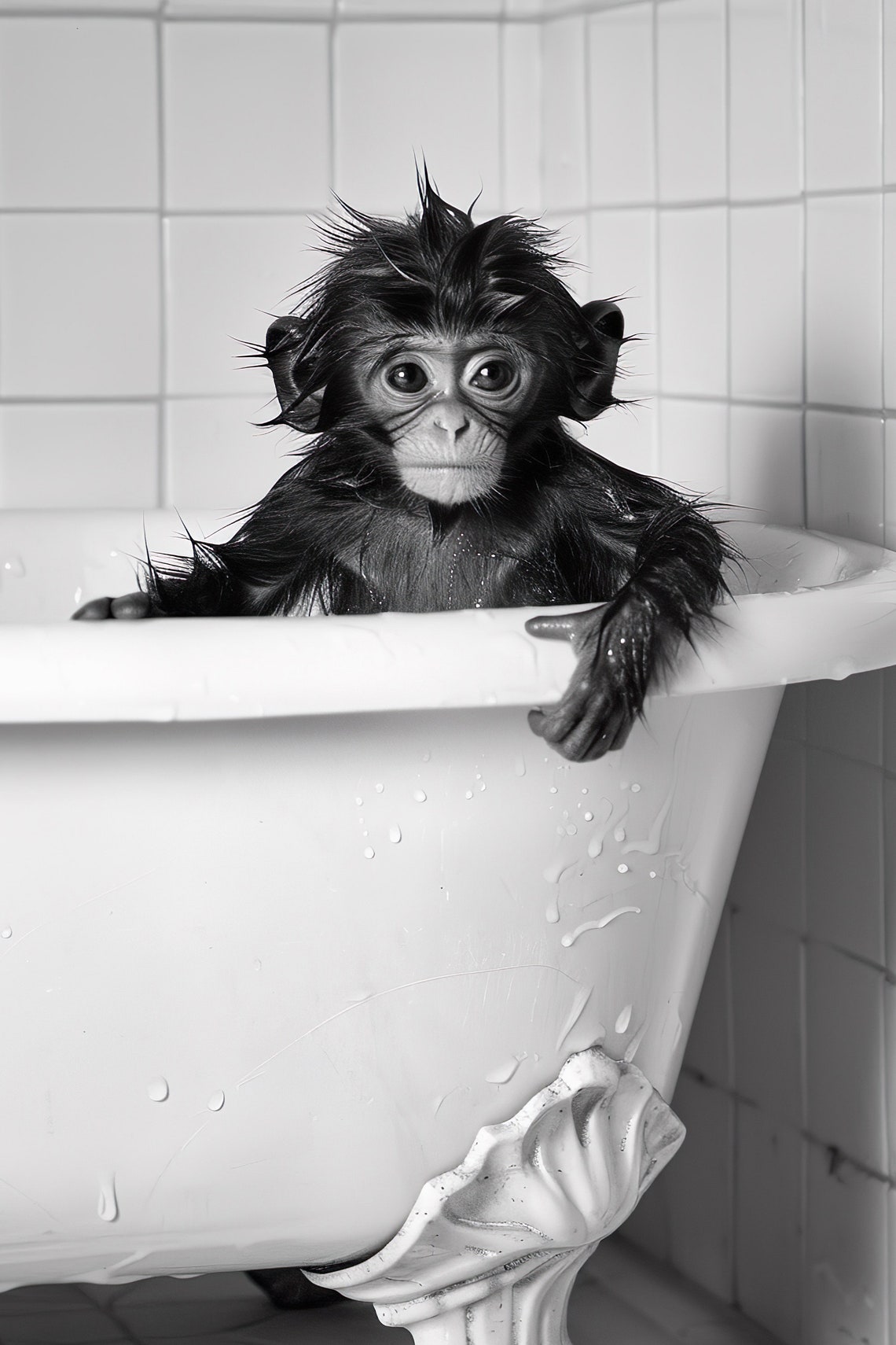 Monkey In The Bathtub Funny Animal Photograph Monkey Taking A Bubble Bath Ai Animal Print Funny Bathroom Wall Art Home