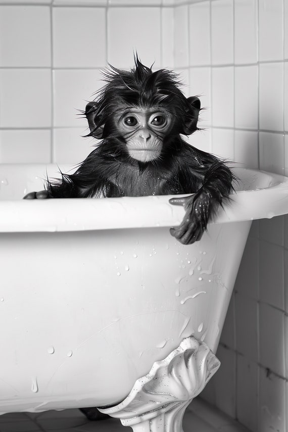 Monkey In The Bathtub Funny Animal Photograph Monkey Taking A Bubble Bath Ai Animal Print Funny Bathroom Wall Art Home