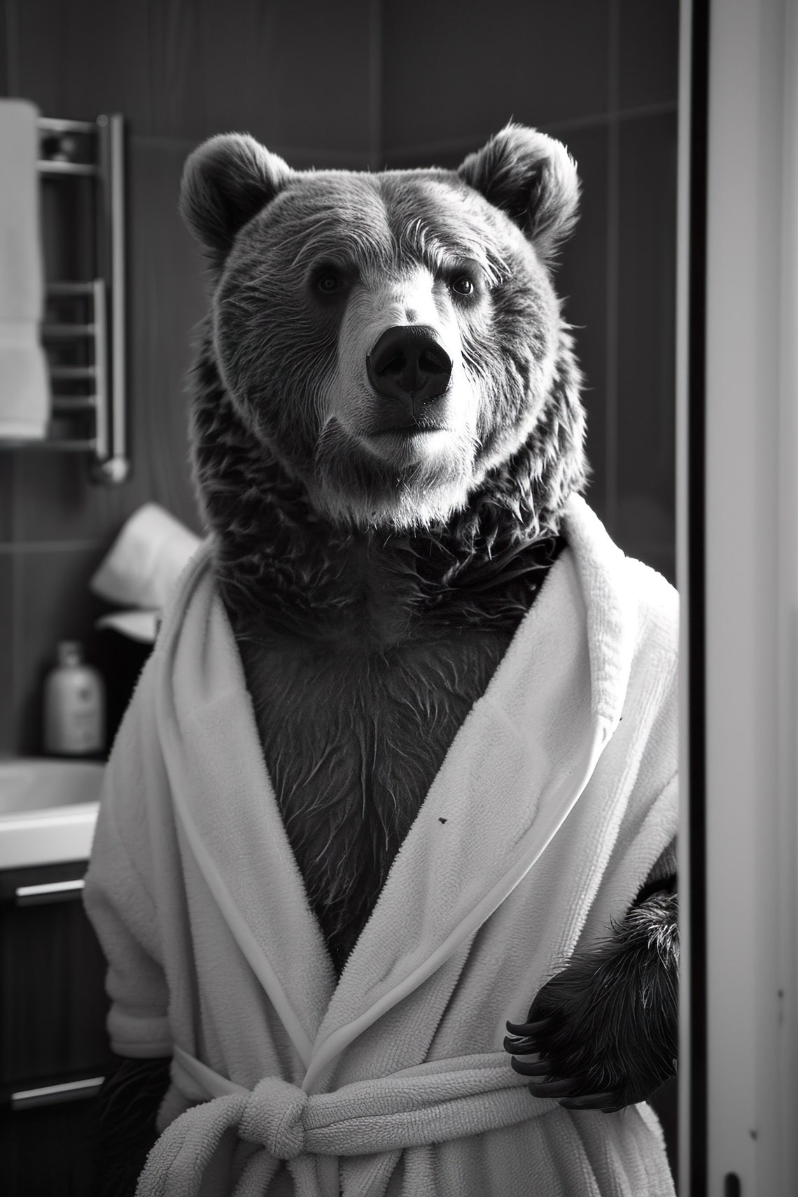 Brown Bear Bathrobe Black White Bathroom Humor Animal Photo Poster