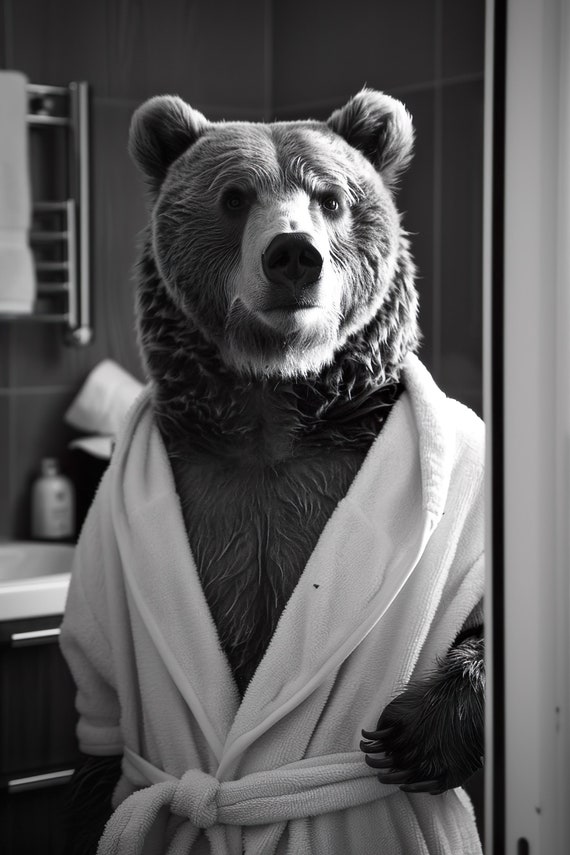 Bear In A Bathrobe Funny Bathroom Wall Art Quirky Animal Art Funny Bear In Bath Humor Print Home Ai Wall Art Prints