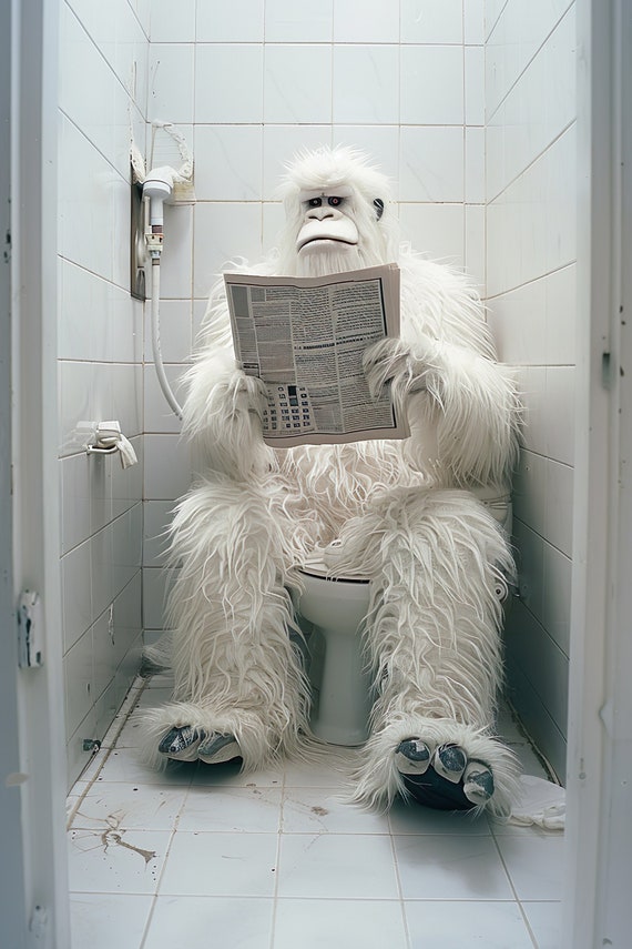 Yeti Sitting On The Toilet Reading A Newspaper Funny Bathroom Humor Funny Mythical Creature Wall Art Home Ai Art Prints