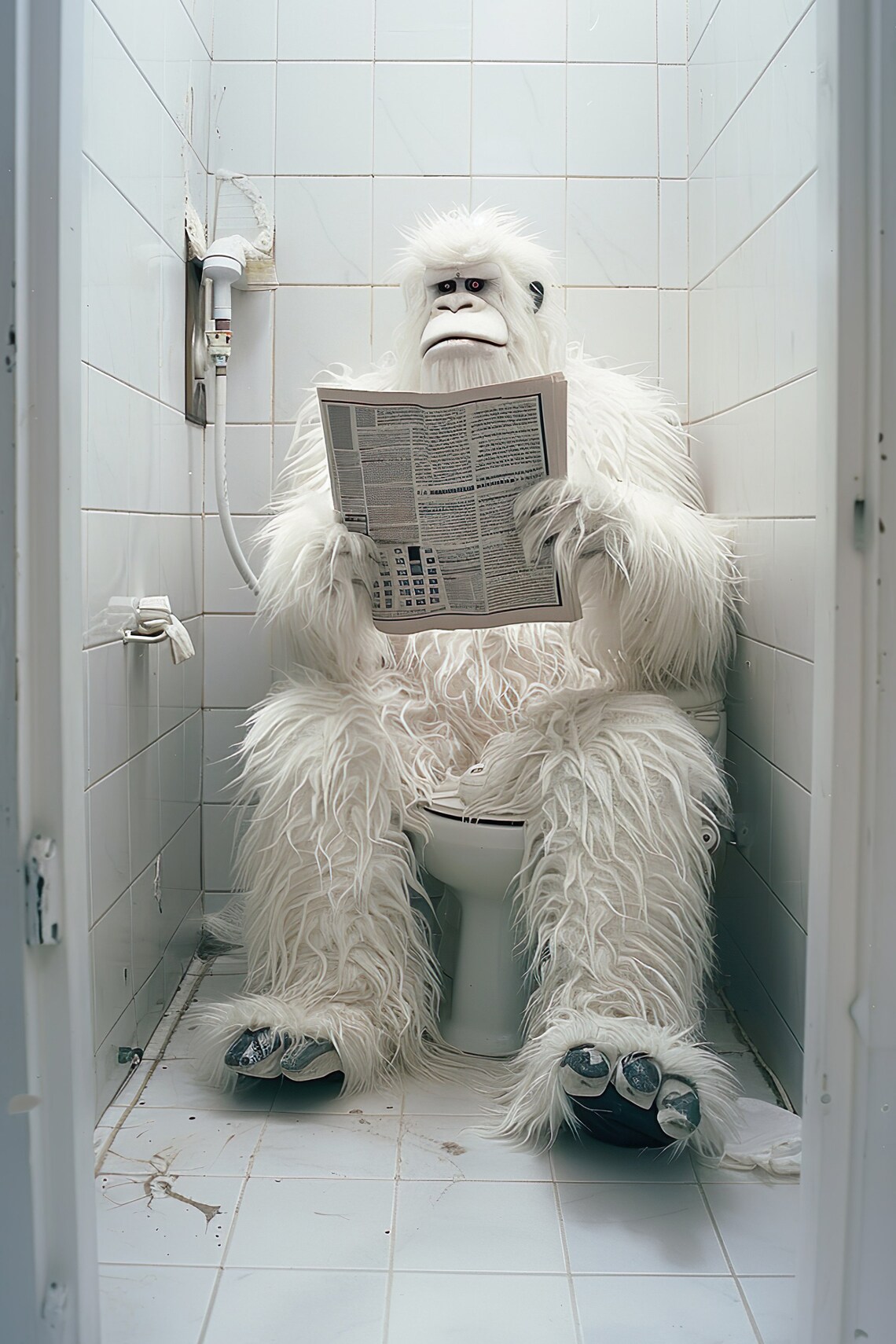 Funny White Yeti Sitting On Toilet Reading Newspaper Bathroom Poster