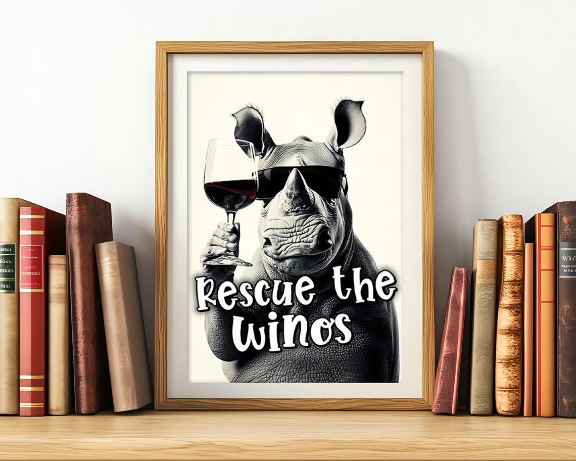 Rhino With Sunglasses Rescue The Winos Funny Wine Quote Wall Art - Image 3
