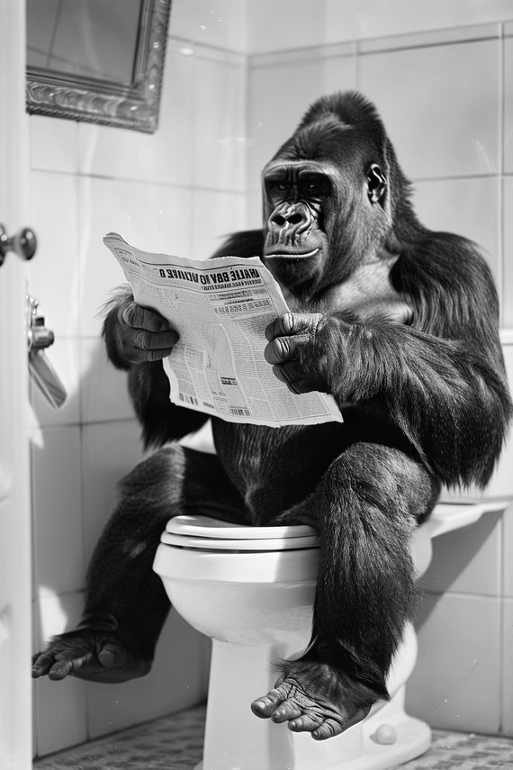 Gorilla Sitting On The Toilet Reading A Newspaper Funny Bathroom Wall Art Funny Vintage Style Animal Photo Animal Print Ai Art