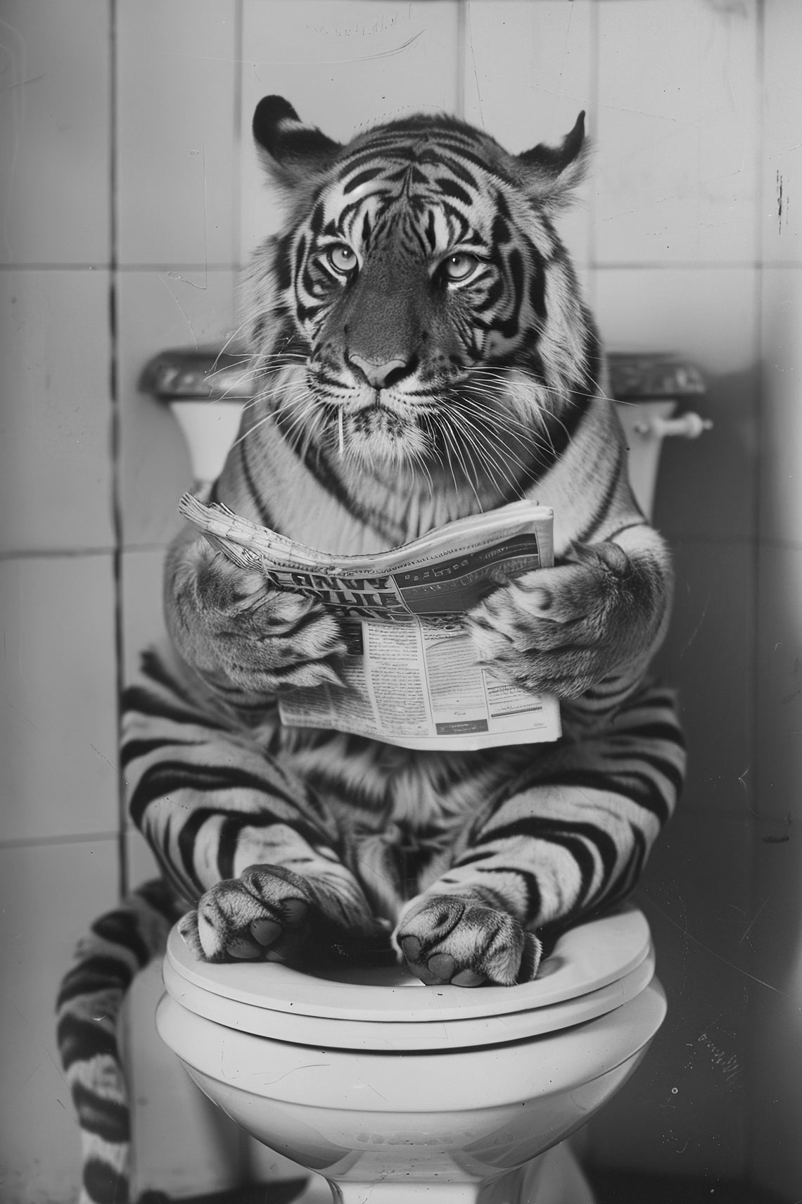 Tiger Reading Newspaper on Toilet Funny Bathroom Humor Poster