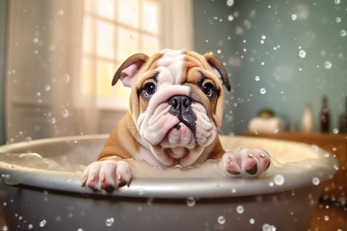 Bulldog Pup In The Bathtub Cute Dog Photograph Bulldog In Bubble Bath Funny Animal Prints Funny Bathroom Wall Art Ai Art