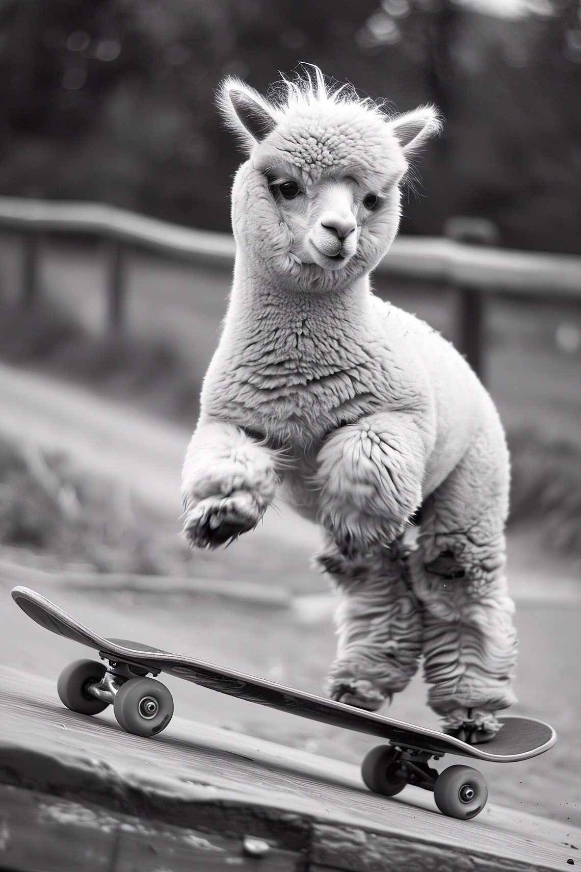 Alpaca Riding Skateboard Cute Funny Black And White Photo Print