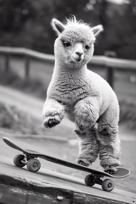 Alpaca Skateboarding Funny Animal Wall Art Alpaca On Skateboard Funny Vintage Alpaca Photo Black White Photography Ai Art