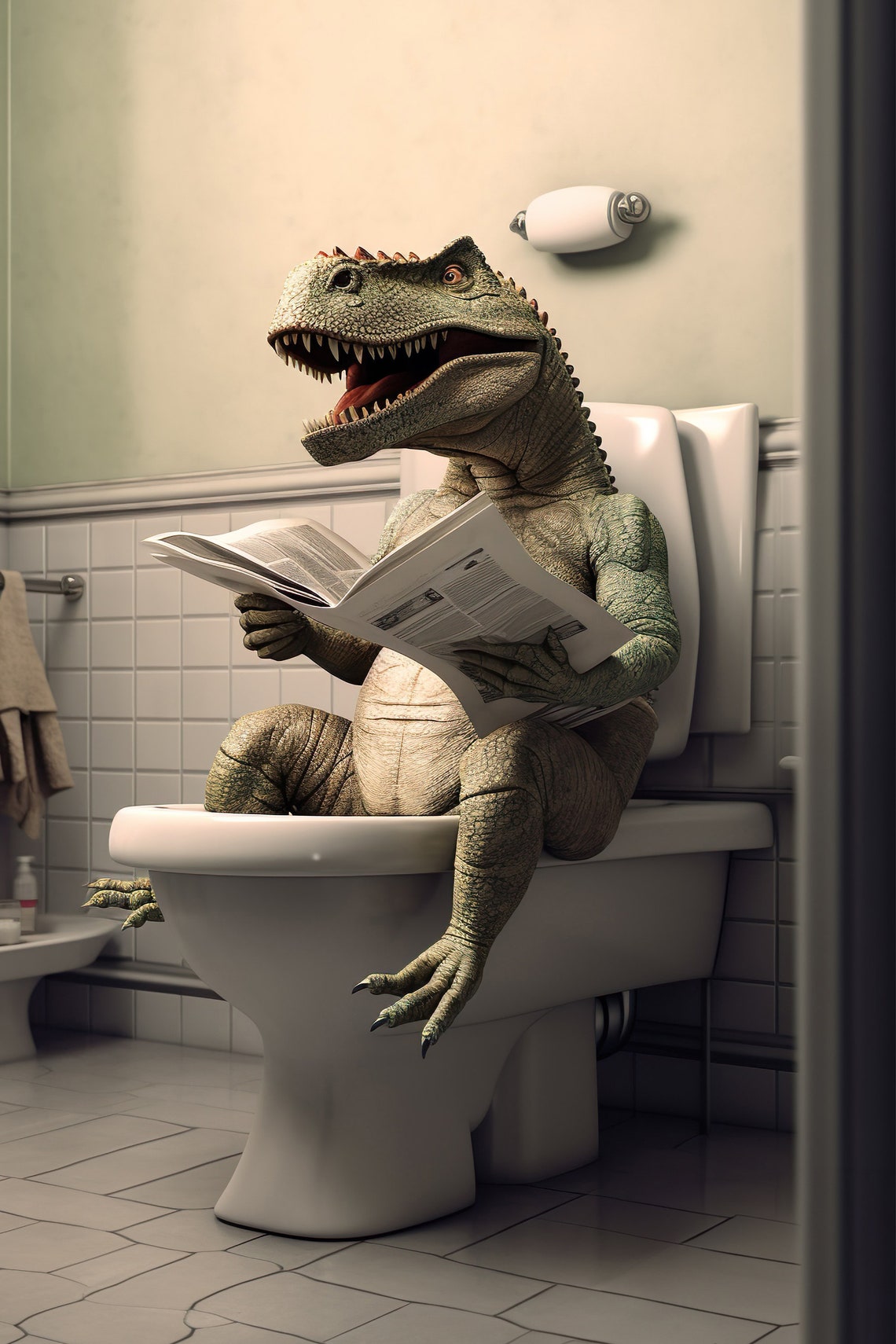 T Rex Dinosaur Reading Newspaper on Toilet Funny Bathroom Humor Poster