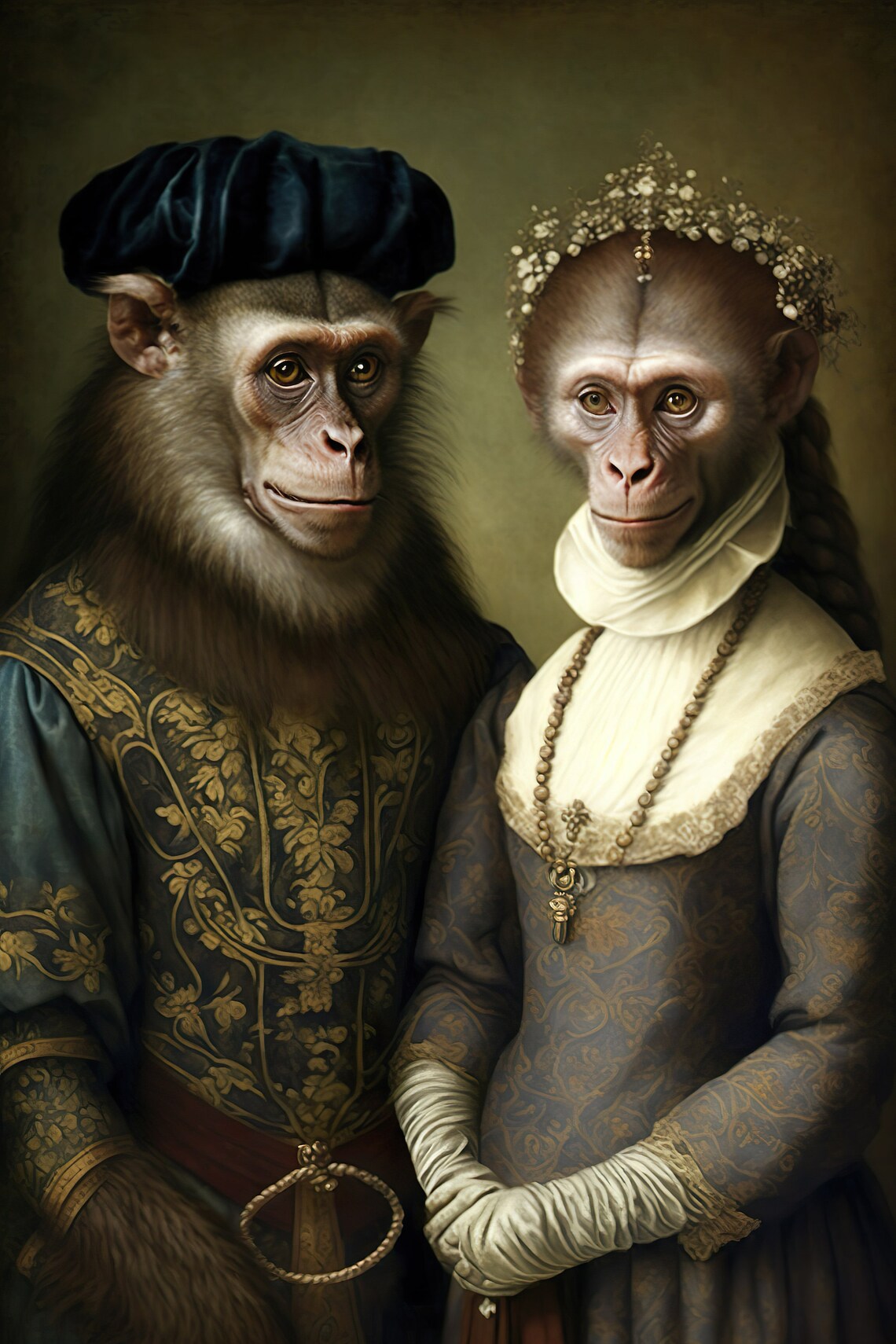 Aristocratic Monkey Couple Funny Animal Art, Renaissance