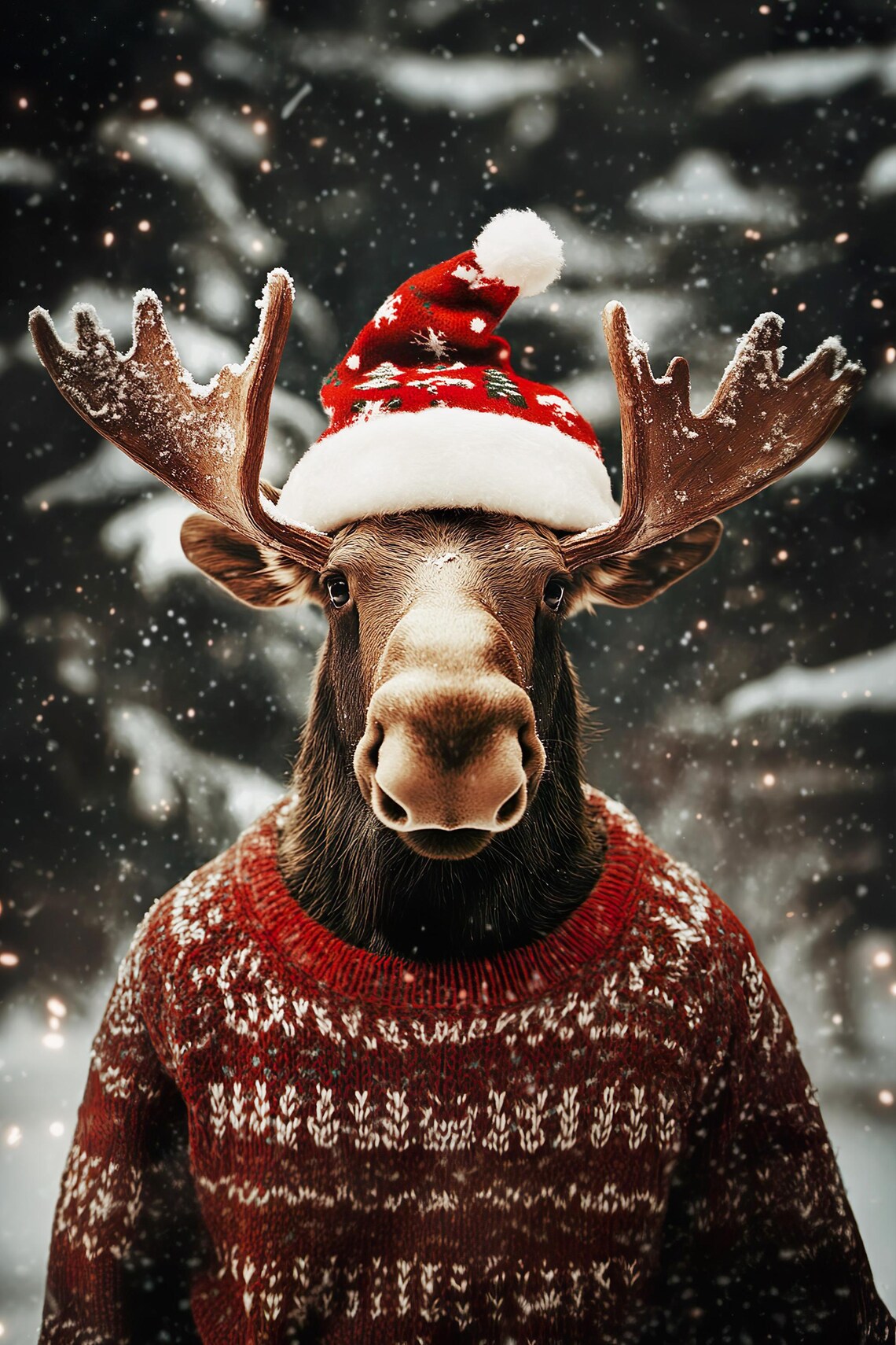 Moose in Santa Hat and Red Sweater Snowy Christmas Winter Wildlife Poster - Image 2