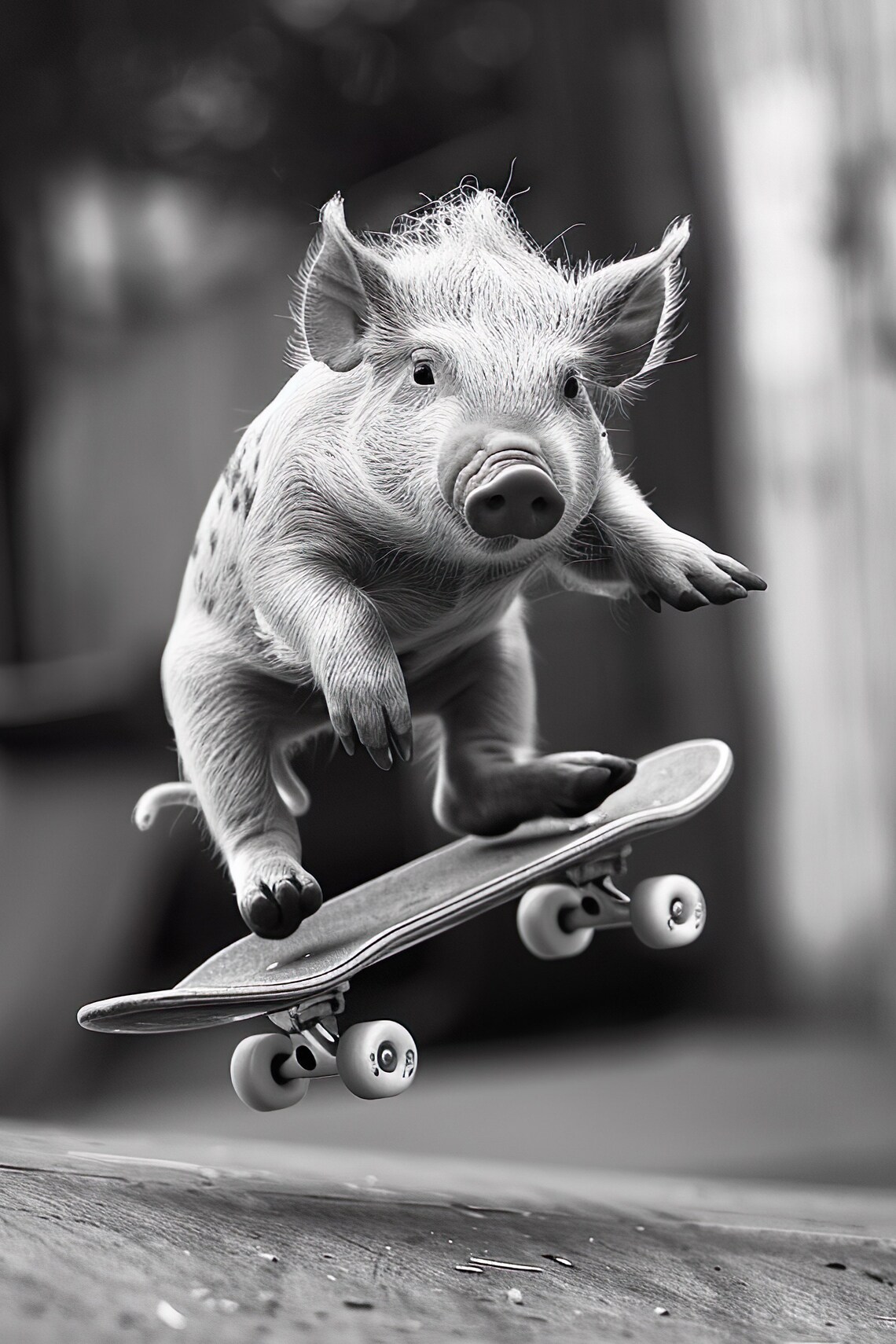 Funny Flying Baby Pig Skateboard Jump Black And White Photo Print