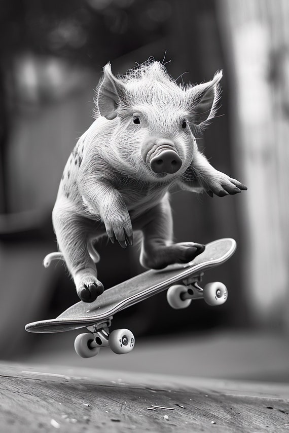 Pig Skateboarding Funny Animal Wall Art Pig On Skateboard Funny Pig Photo Print Funny Animal Photography Home Ai Created