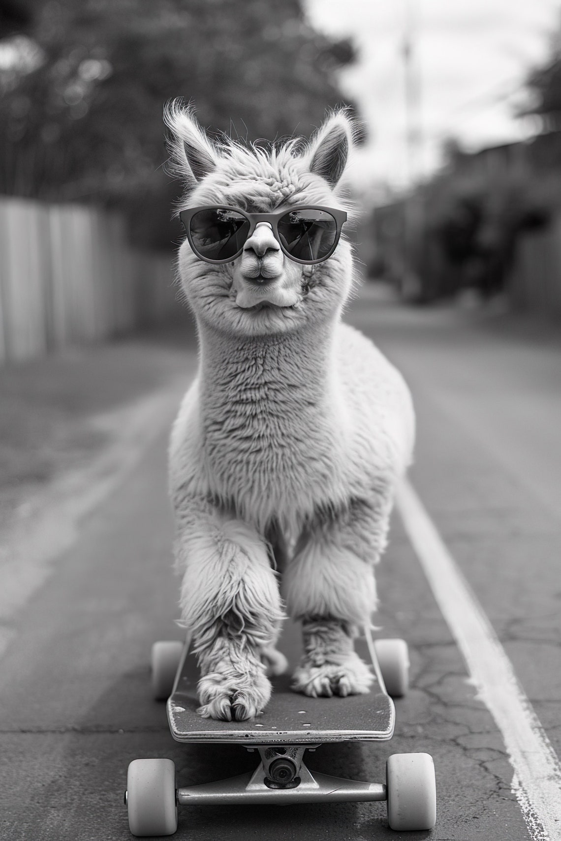 Cool Alpaca with Sunglasses Skateboarding Funny Black White Poster