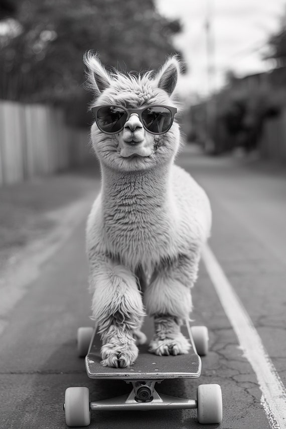 Alpaca Skateboarding Funny Animal Wall Art Alpaca On Skateboard Funny Vintage Alpaca Photo Black White Photography Ai Art