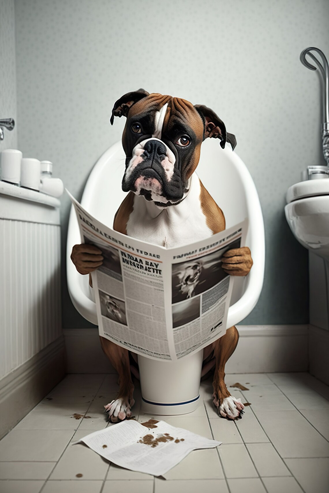 Boxer Dog Reading Newspaper Bathroom Art Print