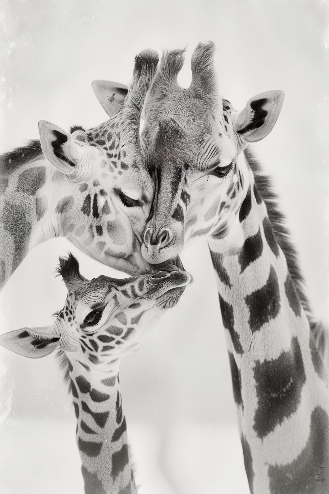 Giraffe Mother and Calf Black and White Safari Photo Poster for Nursery Decor