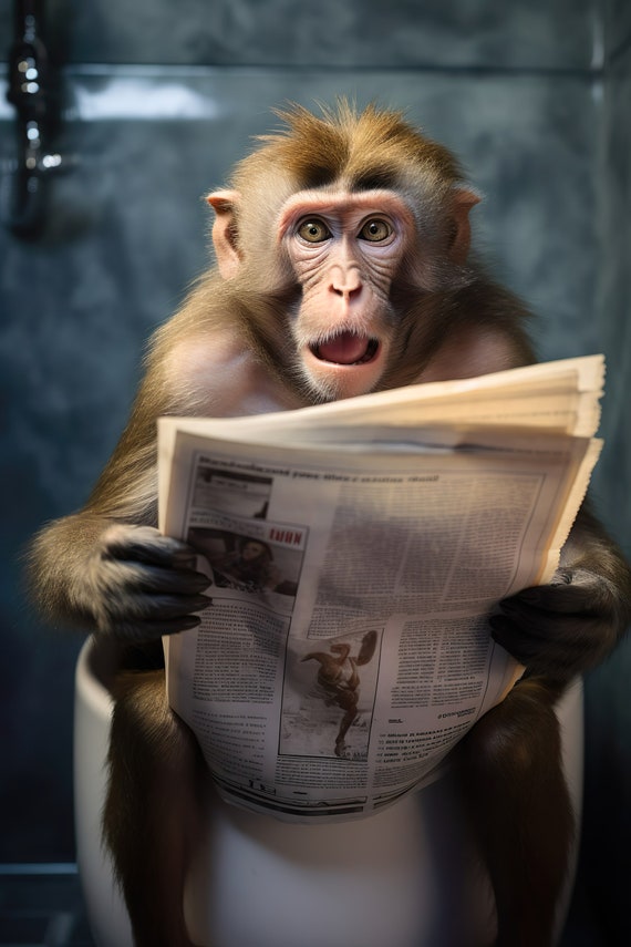Macaque Monkey Sitting On The Toilet Reading A Newspaper Funny Bathroom Wall Art Funny Monkey Print Animal Photos Ai Art
