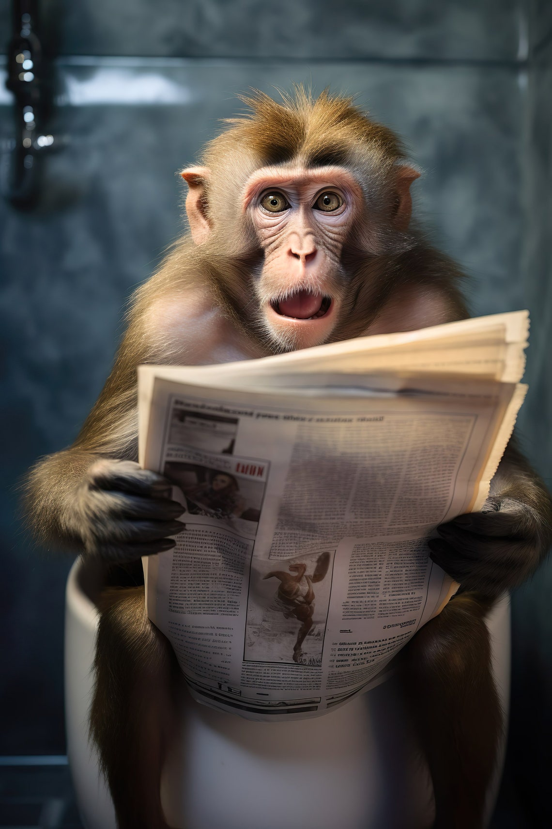 Macaque Monkey Reading Newspaper on Toilet Funny Bathroom Print