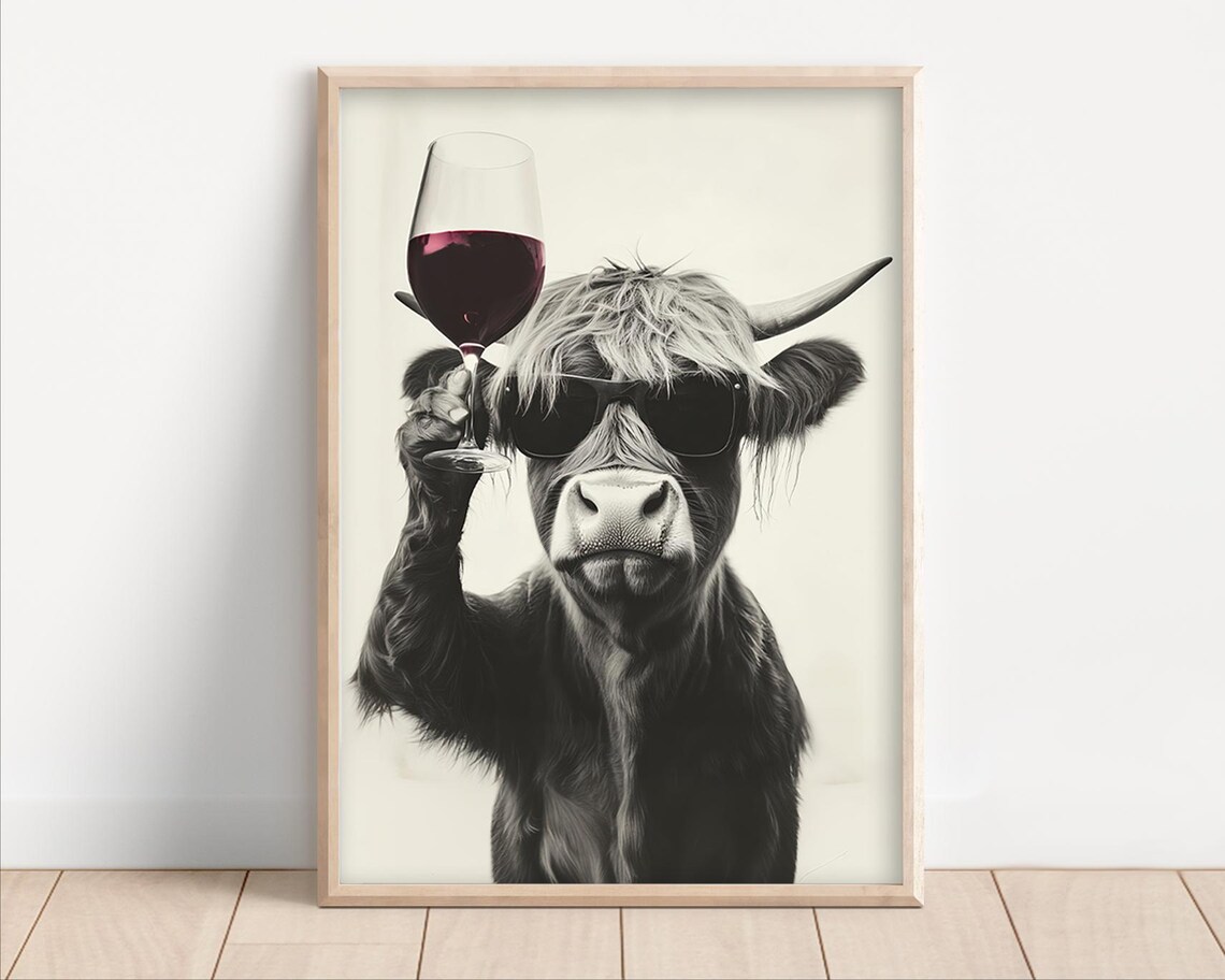 Highland Cow With Sunglasses Holding Red Wine Glass Funny Farm Poster