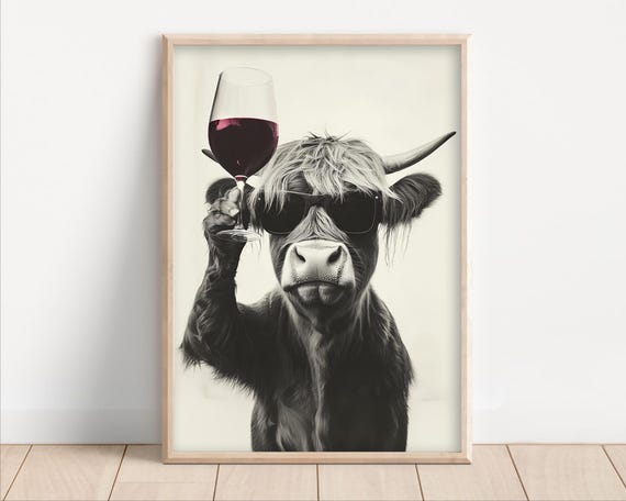 Highland Cow Drinking Red Wine Funny Kitchen Wall Art Home Bar Decor Funny Animal Print Photo Funny Wine Lover Art Ai Art
