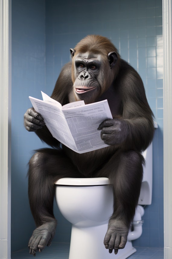 Bonobo Ape Sitting On The Toilet Reading A Newspaper Funny Bathroom Wall Art Funny Monkey Print Funny Animal Photo Ai Art