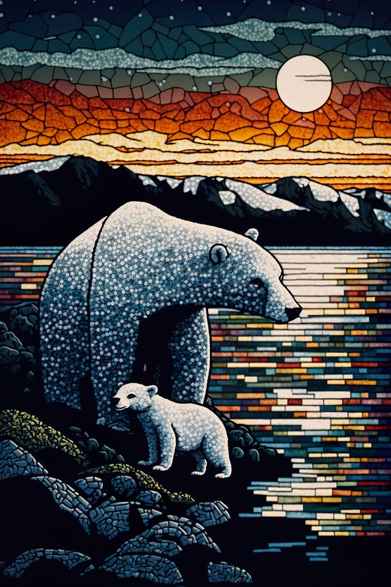 Polar Bear Mama And Baby Cub Pointillism Animal Art Arctic Landscape Polar Bear Print Beautiful Home Wall Decor Ai Created