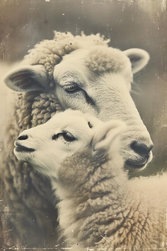 Ewe and Lamb Side by Side Sepia Farm Animal Poster for Nursery Decor