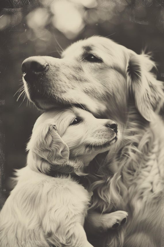 Mom, Baby Dog Cute Vintage Animal Nursery Art Print
