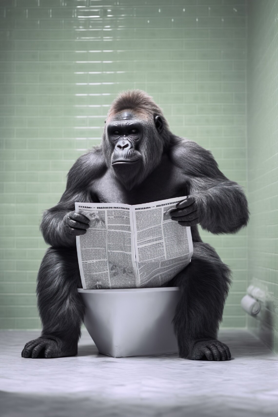 Gorilla Bathroom Humor Art Print, Quirky Animal