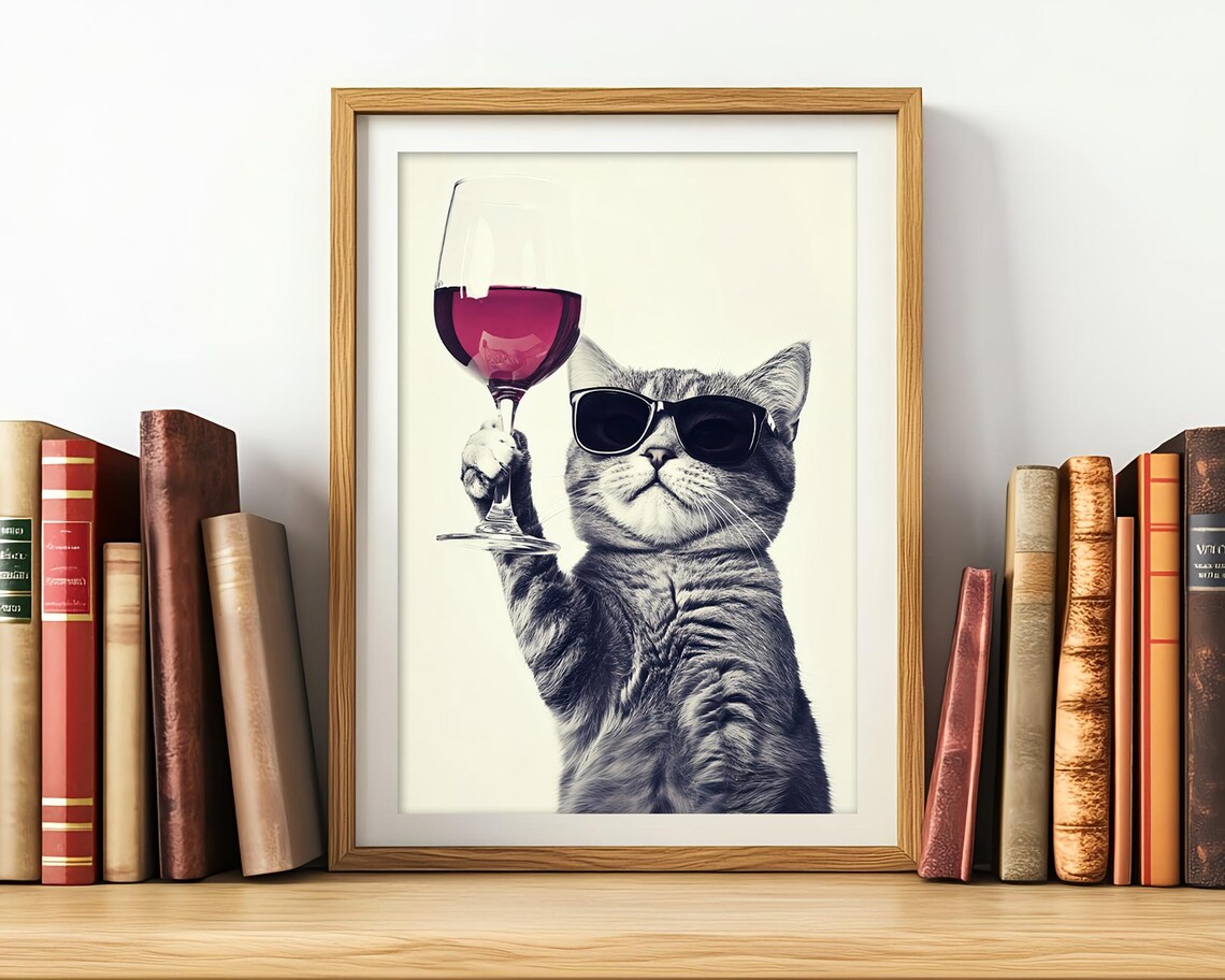 Cat Drinking Red Wine Funny Kitchen Art Print - Image 2