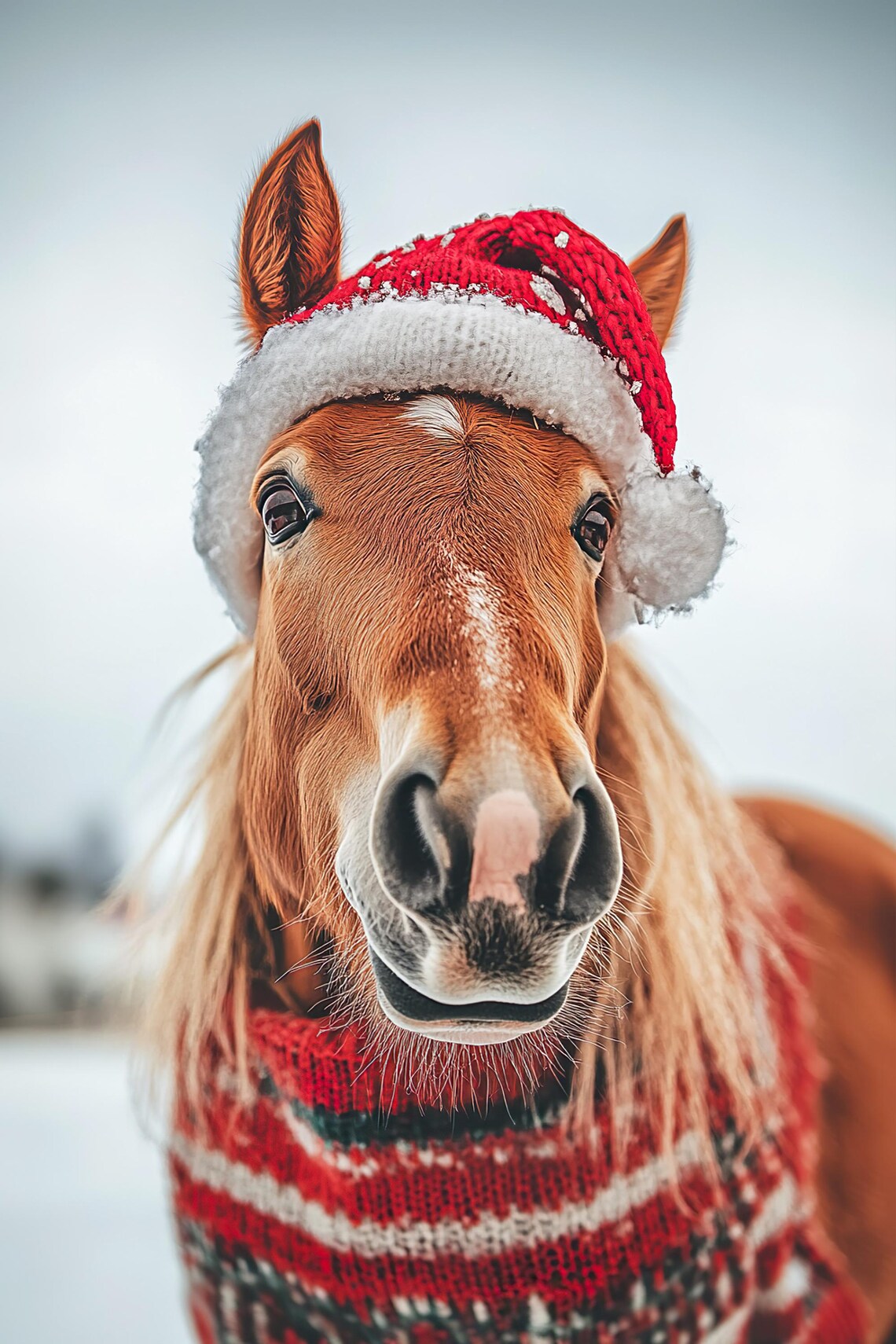 Cute Christmas Horse Funny Christmas Wall Art Retro Winter Animals Christmas Home Decor Funny Horse Photo Print Ai Art - Image 2