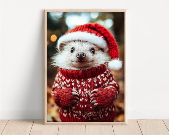 Cute Christmas Hedgehog Funny Christmas Wall Art Retro Winter Animals Christmas Home Decor Funny Hedgehog Photo Print Ai Art