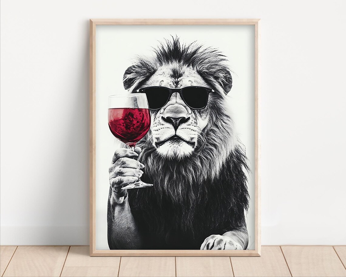 Lion Drinking Red Wine Funny Kitchen Wall Art Print