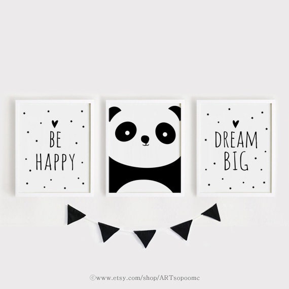 Panda Nursery Art Print Set, Black And White Decor