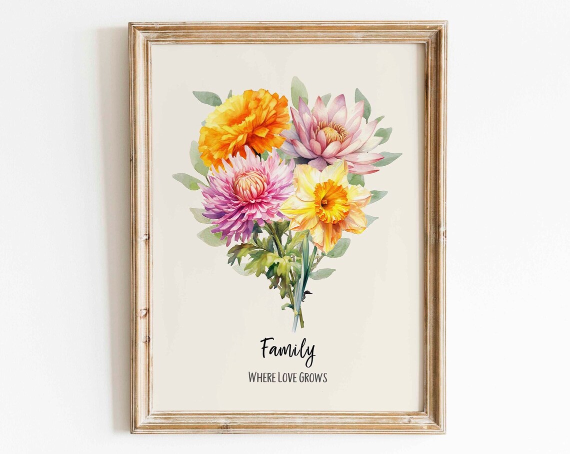 Custom Christmas Family Birth Flower Bouquet Art Print