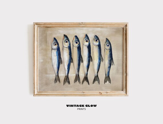 Sardine Still Life Art Vintage Coastal Kitchen Decor Antique Fish Painting Nautical Sea Wall