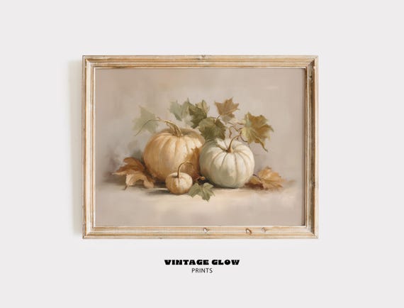 Moody Vintage Pumpkin Painting Rustic Fall Wall Art Print Cozy Autumn Decor V381