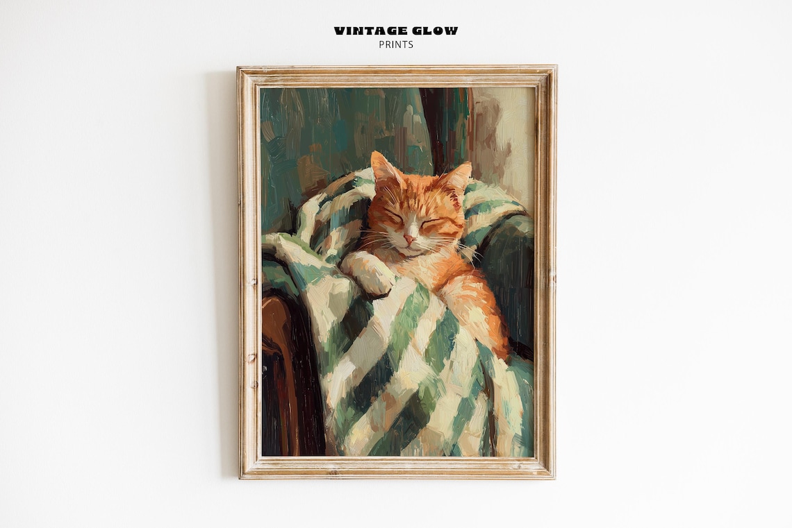 Sleeping Cat Minimalist Print, Contemporary Stripe Kitten