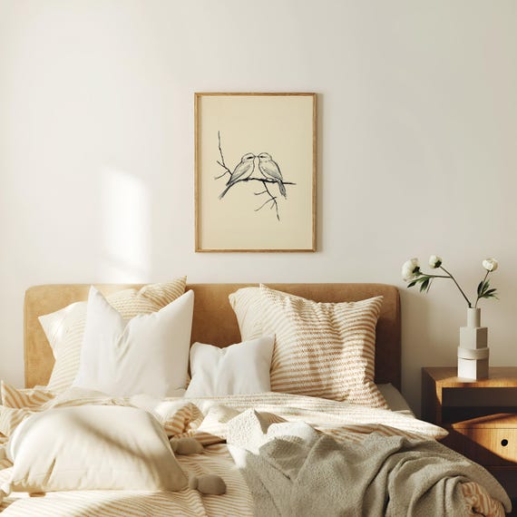 Birds In Love Vintage Sketch Print Romantic Bird Drawing Wall Art Farmhouse Bedroom Decor Nature Illustration V221